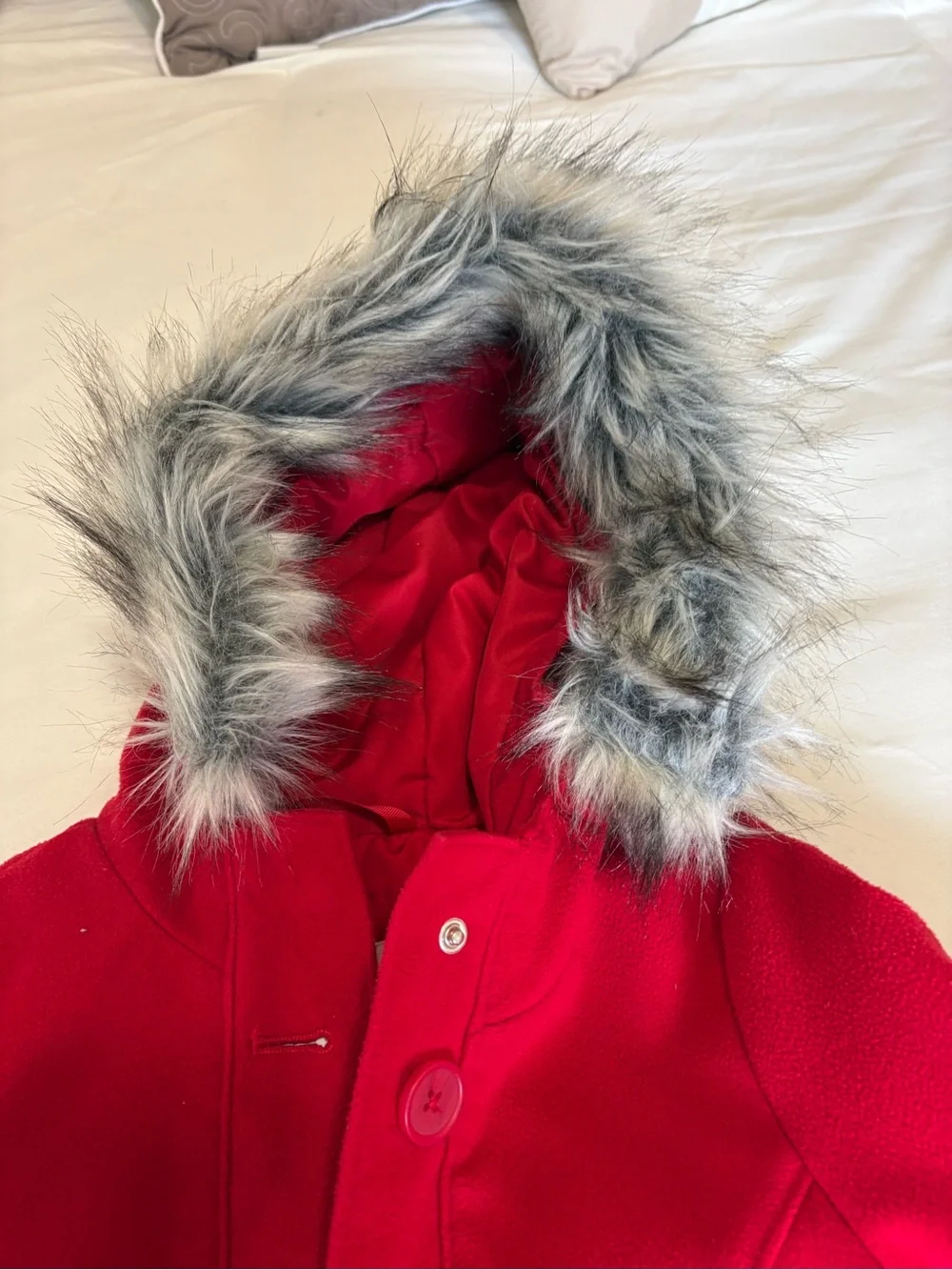 Girls' Red Hooded Coat with Faux Fur Trim
